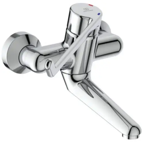 Chromfarbener Wasserhahn von Ideal Standard mit Hebelsteuerung. Einfache Installation an Wand mit zwei Anschlüssen.